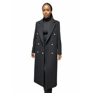 Women's Vintage Black Double-Breasted Long‎ Trench Coat 100% wool size XL